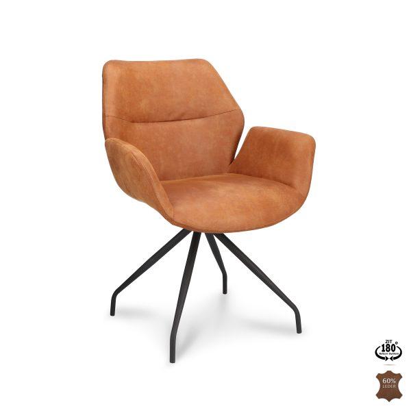 Stoel Valerie, Camel. Prachtige elegante stoel van 60% leder. Stoel met terugdraaisysteem. Beschikbaar in verschillende stoffen en kleuren. Nu verkrijgbaar bij Bouwie voor een mooie prijs