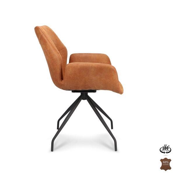Stoel Valerie, Camel. Prachtige elegante stoel van 60% leder. Stoel met terugdraaisysteem. Beschikbaar in verschillende stoffen en kleuren. Nu verkrijgbaar bij Bouwie voor een mooie prijs